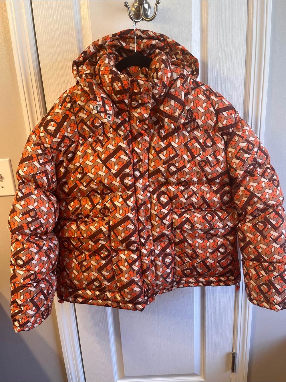 Prettylittlething PLT logo orange and brown heavy hooded puffer jacket Women's M
